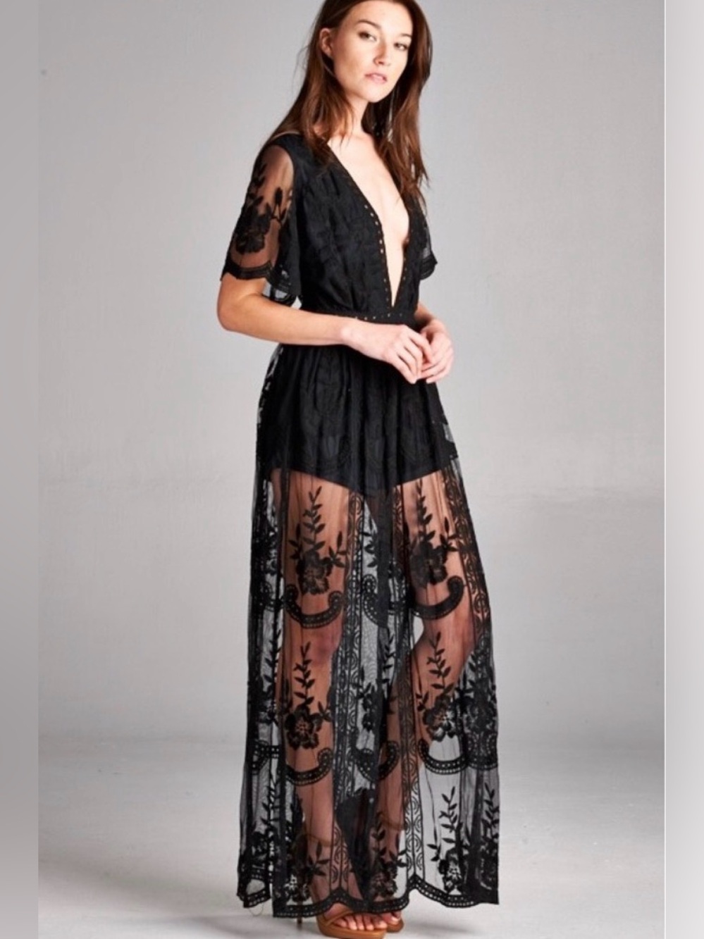 Black Embroidered Lace Maxi Romper Dress Deep V Boho Goth Small Unbranded